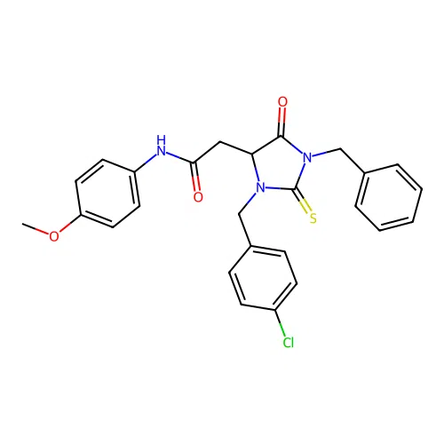 2-(1-benzyl-3-(4-chlorobenzyl)-5-oxo-2-thioxoimidazolidin-4-yl)-N-(4-methoxyphenyl)acetamide structure