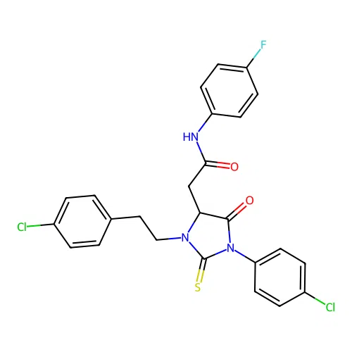 2-{1-(4-chlorophenyl)-3-[2-(4-chlorophenyl)ethyl]-5-oxo-2-thioxoimidazolidin-4-yl}-N-(4-fluorophenyl)acetamide structure