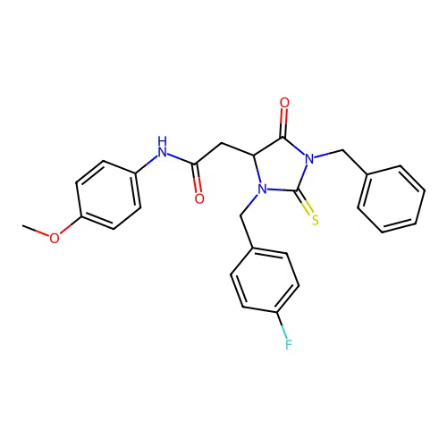 2-(1-benzyl-3-(4-fluorobenzyl)-5-oxo-2-thioxoimidazolidin-4-yl)-N-(4-methoxyphenyl)acetamide structure