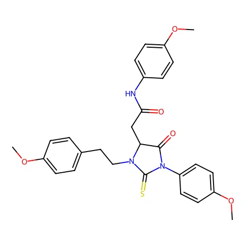 N-(4-methoxyphenyl)-2-[1-(4-methoxyphenyl)-3-[2-(4-methoxyphenyl)ethyl]-5-oxo-2-sulfanylideneimidazolidin-4-yl]acetamide structure