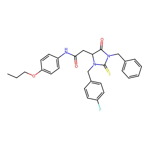 2-[1-benzyl-3-(4-fluorobenzyl)-5-oxo-2-thioxoimidazolidin-4-yl]-N-(4-propoxyphenyl)acetamide structure