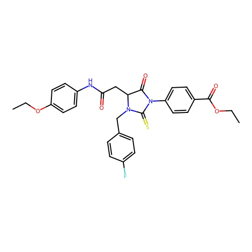 ethyl 4-[4-{2-[(4-ethoxyphenyl)amino]-2-oxoethyl}-3-(4-fluorobenzyl)-5-oxo-2-thioxoimidazolidin-1-yl]benzoate structure