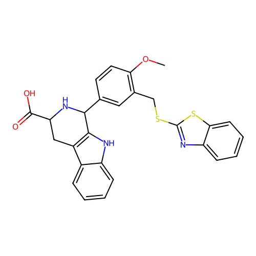 1-{3-[(1,3-benzothiazol-2-ylsulfanyl)methyl]-4-methoxyphenyl}-2,3,4,9-tetrahydro-1H-beta-carboline-3-carboxylic acid structure