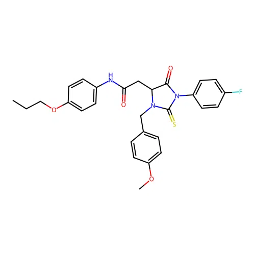 2-[1-(4-fluorophenyl)-3-(4-methoxybenzyl)-5-oxo-2-thioxoimidazolidin-4-yl]-N-(4-propoxyphenyl)acetamide structure