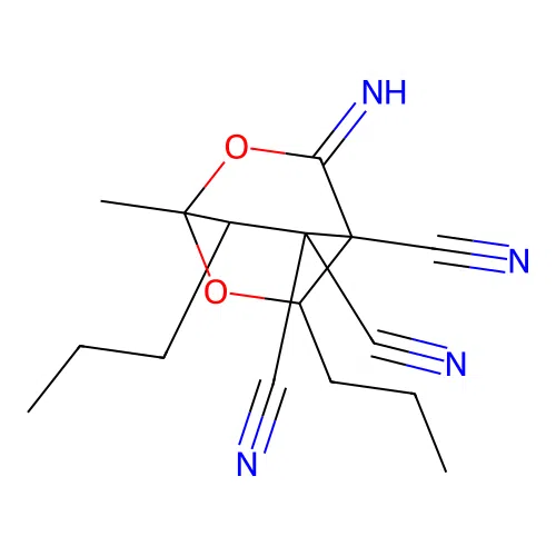 3-imino-1-methyl-5,7-dipropyl-2,6-dioxabicyclo[2.2.2]octane-4,8,8-tricarbonitrile structure