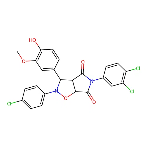 2-(4-chlorophenyl)-5-(3,4-dichlorophenyl)-3-(4-hydroxy-3-methoxyphenyl)-3a,6a-dihydro-3H-pyrrolo[3,4-d][1,2]oxazole-4,6-dione structure