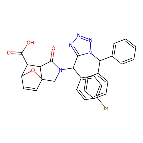(3aS,6R)-2-((1-benzhydryl-1H-tetrazol-5-yl)(4-bromophenyl)methyl)-1-oxo-1,2,3,6,7,7a-hexahydro-3a,6-epoxyisoindole-7-carboxylic acid structure