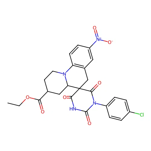 ethyl 1'-(4-chlorophenyl)-2'-hydroxy-8-nitro-4',6'-dioxo-1',2,3,4,4a,6'-hexahydro-1H,4'H,6H-spiro[pyrido[1,2-a]quinoline-5,5'-pyrimidine]-3-carboxylate structure