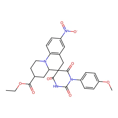 ethyl 1'-(4-methoxyphenyl)-8-nitro-2',4',6'-trioxo-1,2,2',3,3',4,4a,4',6,6'-decahydro-1'H-spiro[pyrido[1,2-a]quinoline-5,5'-pyrimidine]-3-carboxylate structure