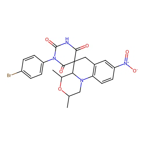 1'-(4-bromophenyl)-2,4-dimethyl-8-nitro-2,4,4a,6-tetrahydro-1H,1'H-spiro[[1,4]oxazino[4,3-a]quinoline-5,5'-pyrimidine]-2',4',6'(3'H)-trione structure