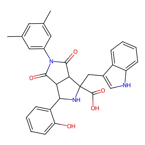 1-((1H-indol-3-yl)methyl)-5-(3,5-dimethylphenyl)-3-(2-hydroxyphenyl)-4,6-dioxooctahydropyrrolo[3,4-c]pyrrole-1-carboxylic acid structure