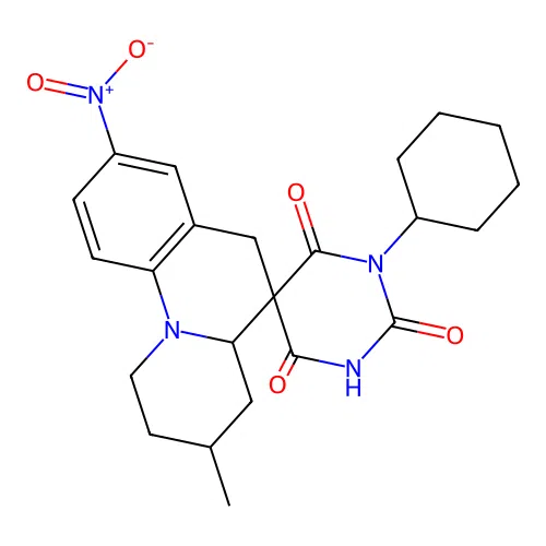 1'-cyclohexyl-2'-hydroxy-3-methyl-8-nitro-2,3,4,4a-tetrahydro-1H,4'H,6H-spiro[pyrido[1,2-a]quinoline-5,5'-pyrimidine]-4',6'(1'H)-dione structure