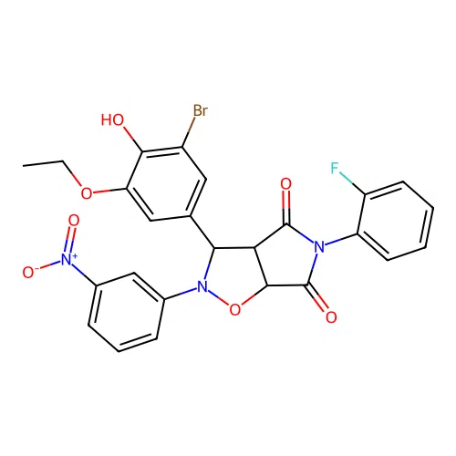 3-(3-bromo-5-ethoxy-4-hydroxyphenyl)-5-(2-fluorophenyl)-2-(3-nitrophenyl)dihydro-2H-pyrrolo[3,4-d]isoxazole-4,6(5H,6aH)-dione structure