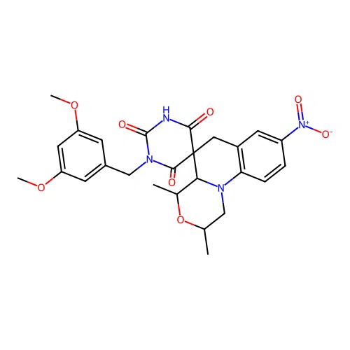 1'-(3,5-dimethoxybenzyl)-2,4-dimethyl-8-nitro-2,4,4a,6-tetrahydro-1H,1'H-spiro[[1,4]oxazino[4,3-a]quinoline-5,5'-pyrimidine]-2',4',6'(3'H)-trione structure