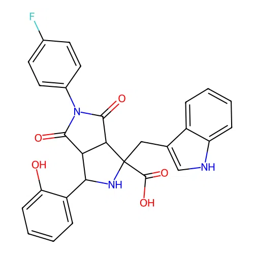 1-((1H-indol-3-yl)methyl)-5-(4-fluorophenyl)-3-(2-hydroxyphenyl)-4,6-dioxooctahydropyrrolo[3,4-c]pyrrole-1-carboxylic acid structure