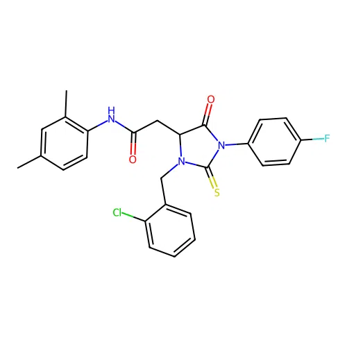 2-[3-(2-chlorobenzyl)-1-(4-fluorophenyl)-5-oxo-2-thioxoimidazolidin-4-yl]-N-(2,4-dimethylphenyl)acetamide structure