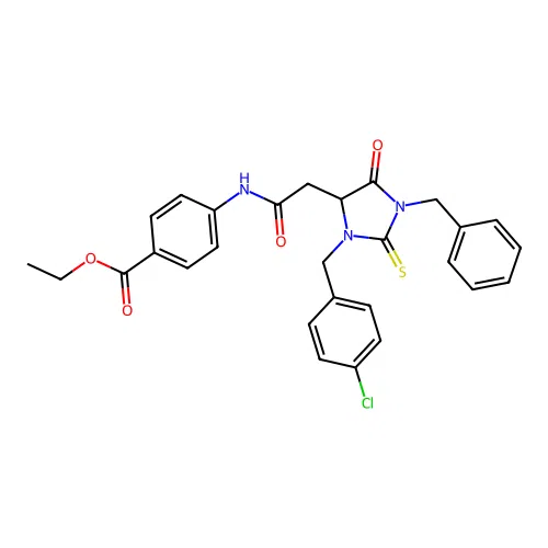 ethyl 4-({[1-benzyl-3-(4-chlorobenzyl)-5-oxo-2-thioxoimidazolidin-4-yl]acetyl}amino)benzoate structure