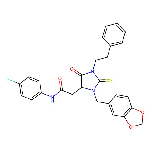 2-[3-(1,3-benzodioxol-5-ylmethyl)-5-oxo-1-(2-phenylethyl)-2-thioxoimidazolidin-4-yl]-N-(4-fluorophenyl)acetamide structure