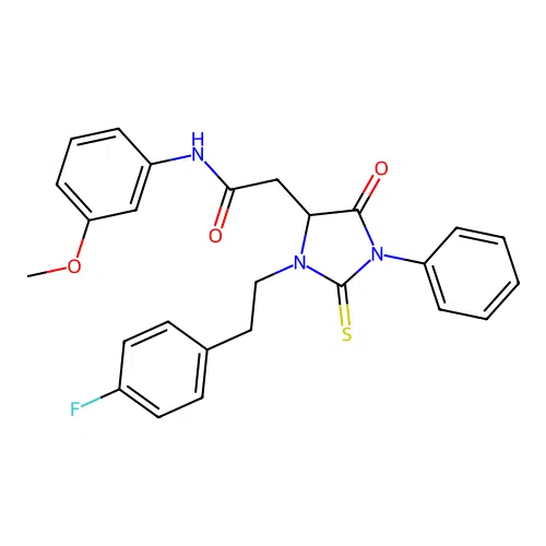 2-{3-[2-(4-fluorophenyl)ethyl]-5-oxo-1-phenyl-2-thioxoimidazolidin-4-yl}-N-(3-methoxyphenyl)acetamide structure