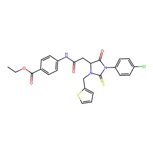 ethyl 4-({[1-(4-chlorophenyl)-5-oxo-3-(thiophen-2-ylmethyl)-2-thioxoimidazolidin-4-yl]acetyl}amino)benzoate structure