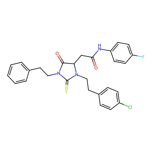 2-{3-[2-(4-chlorophenyl)ethyl]-5-oxo-1-(2-phenylethyl)-2-thioxoimidazolidin-4-yl}-N-(4-fluorophenyl)acetamide structure