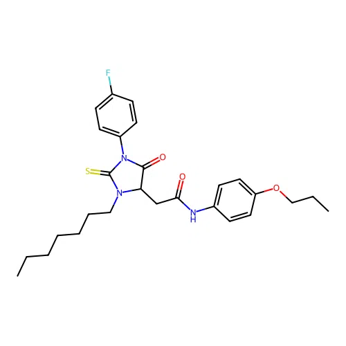 2-(1-(4-fluorophenyl)-3-heptyl-5-oxo-2-thioxoimidazolidin-4-yl)-N-(4-propoxyphenyl)acetamide structure