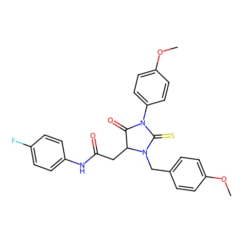 N-(4-fluorophenyl)-2-[1-(4-methoxyphenyl)-3-[(4-methoxyphenyl)methyl]-5-oxo-2-sulfanylideneimidazolidin-4-yl]acetamide structure