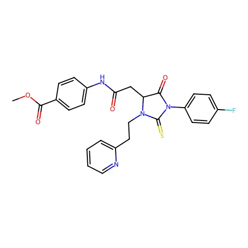 methyl 4-[({1-(4-fluorophenyl)-5-oxo-3-[2-(pyridin-2-yl)ethyl]-2-thioxoimidazolidin-4-yl}acetyl)amino]benzoate structure