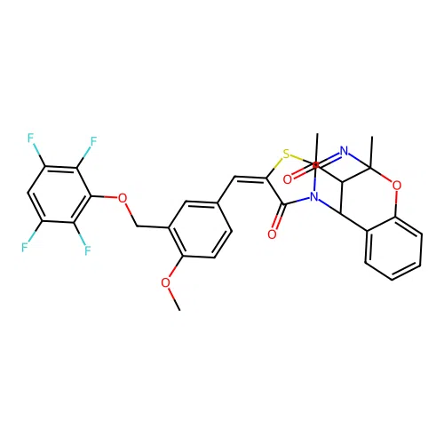(13E)-16-acetyl-13-[[4-methoxy-3-[(2,3,5,6-tetrafluorophenoxy)methyl]phenyl]methylidene]-9-methyl-8-oxa-12-thia-10,15-diazatetracyclo[7.6.1.02,7.011,15]hexadeca-2,4,6,10-tetraen-14-one structure