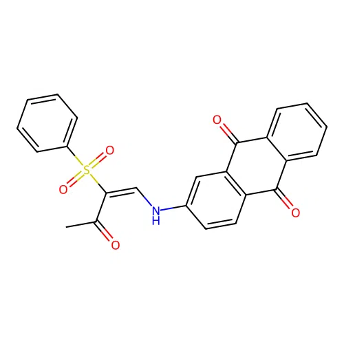 2-[[(E)-2-(benzenesulfonyl)-3-oxobut-1-enyl]amino]anthracene-9,10-dione structure