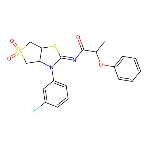 (Z)-N-(3-(3-fluorophenyl)-5,5-dioxidotetrahydrothieno[3,4-d]thiazol-2(3H)-ylidene)-2-phenoxypropanamide structure