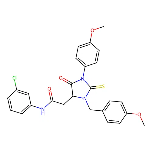N-(3-chlorophenyl)-2-[1-(4-methoxyphenyl)-3-[(4-methoxyphenyl)methyl]-5-oxo-2-sulfanylideneimidazolidin-4-yl]acetamide structure