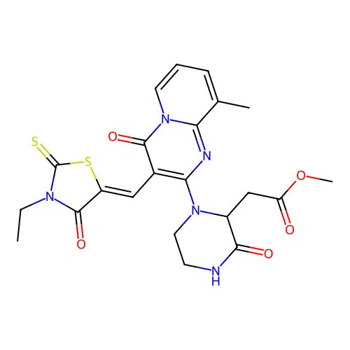 (Z)-methyl 2-(1-(3-((3-ethyl-4-oxo-2-thioxothiazolidin-5-ylidene)methyl)-9-methyl-4-oxo-4H-pyrido[1,2-a]pyrimidin-2-yl)-3-oxopiperazin-2-yl)acetate structure