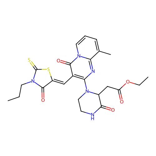 ethyl 2-[1-[9-methyl-4-oxo-3-[(Z)-(4-oxo-3-propyl-2-sulfanylidene-1,3-thiazolidin-5-ylidene)methyl]pyrido[1,2-a]pyrimidin-2-yl]-3-oxopiperazin-2-yl]acetate structure