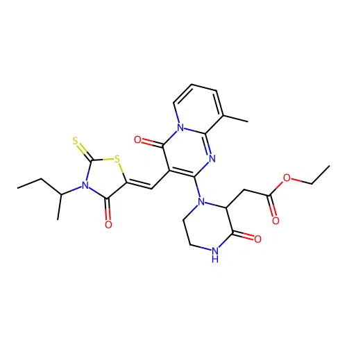 ethyl [1-(3-{(Z)-[3-(butan-2-yl)-4-oxo-2-thioxo-1,3-thiazolidin-5-ylidene]methyl}-9-methyl-4-oxo-4H-pyrido[1,2-a]pyrimidin-2-yl)-3-oxopiperazin-2-yl]acetate structure