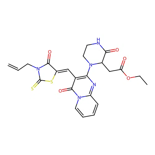 (Z)-ethyl 2-(1-(3-((3-allyl-4-oxo-2-thioxothiazolidin-5-ylidene)methyl)-4-oxo-4H-pyrido[1,2-a]pyrimidin-2-yl)-3-oxopiperazin-2-yl)acetate structure