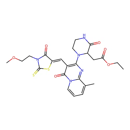 (Z)-ethyl 2-(1-(3-((3-(2-methoxyethyl)-4-oxo-2-thioxothiazolidin-5-ylidene)methyl)-9-methyl-4-oxo-4H-pyrido[1,2-a]pyrimidin-2-yl)-3-oxopiperazin-2-yl)acetate structure