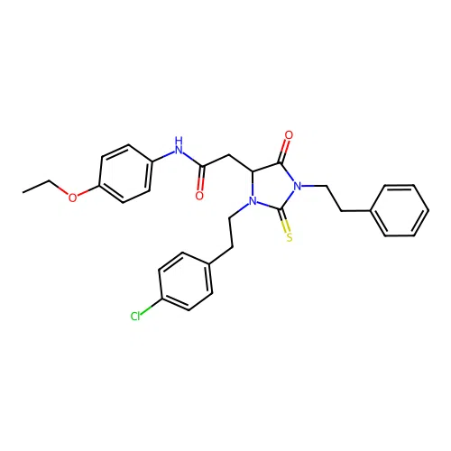 2-{3-[2-(4-chlorophenyl)ethyl]-5-oxo-1-(2-phenylethyl)-2-thioxoimidazolidin-4-yl}-N-(4-ethoxyphenyl)acetamide structure