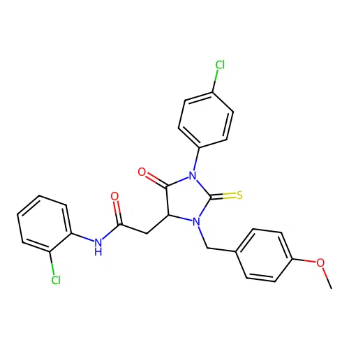 N-(2-chlorophenyl)-2-[1-(4-chlorophenyl)-3-[(4-methoxyphenyl)methyl]-5-oxo-2-sulfanylideneimidazolidin-4-yl]acetamide structure