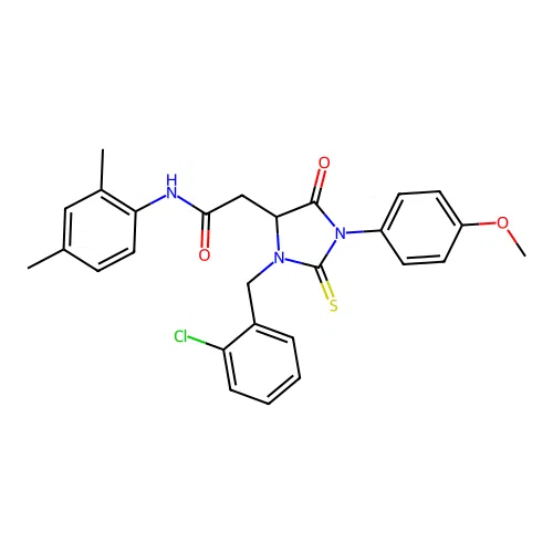 2-[3-(2-chlorobenzyl)-1-(4-methoxyphenyl)-5-oxo-2-thioxoimidazolidin-4-yl]-N-(2,4-dimethylphenyl)acetamide structure