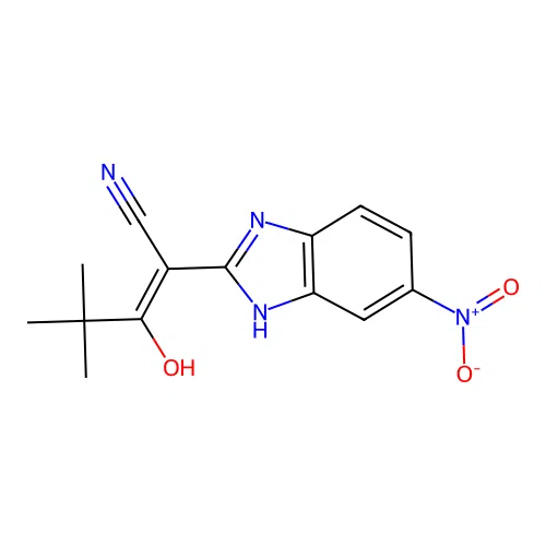 3-hydroxy-4,4-dimethyl-2-(6-nitro-1H-benzimidazol-2-yl)pent-2-enenitrile structure