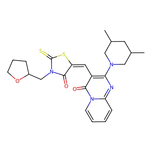 (5E)-5-[[2-(3,5-dimethylpiperidin-1-yl)-4-oxopyrido[1,2-a]pyrimidin-3-yl]methylidene]-3-(oxolan-2-ylmethyl)-2-sulfanylidene-1,3-thiazolidin-4-one structure