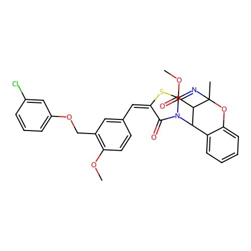 methyl (13E)-13-{3-[(3-chlorophenoxy)methyl]-4-methoxybenzylidene}-9-methyl-14-oxo-8-oxa-12-thia-10,15-diazatetracyclo[7.6.1.0~2,7~.0~11,15~]hexadeca-2,4,6,10-tetraene-16-carboxylate structure