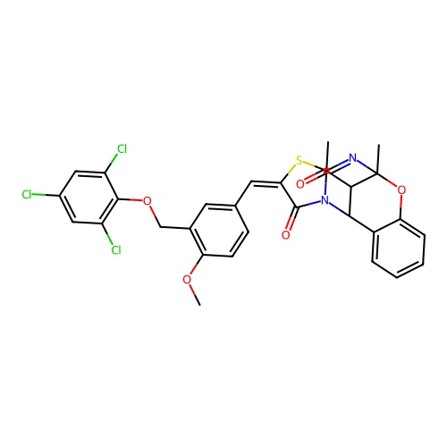 (13E)-16-acetyl-13-[[4-methoxy-3-[(2,4,6-trichlorophenoxy)methyl]phenyl]methylidene]-9-methyl-8-oxa-12-thia-10,15-diazatetracyclo[7.6.1.02,7.011,15]hexadeca-2,4,6,10-tetraen-14-one structure