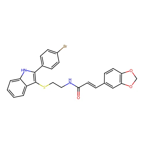 (E)-3-(benzo[d][1,3]dioxol-5-yl)-N-(2-((2-(4-bromophenyl)-1H-indol-3-yl)thio)ethyl)acrylamide structure