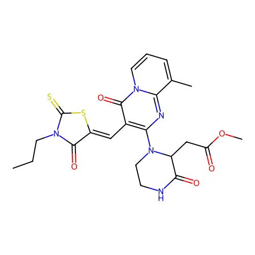 (Z)-methyl 2-(1-(9-methyl-4-oxo-3-((4-oxo-3-propyl-2-thioxothiazolidin-5-ylidene)methyl)-4H-pyrido[1,2-a]pyrimidin-2-yl)-3-oxopiperazin-2-yl)acetate structure
