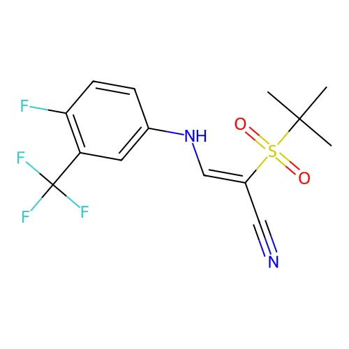 2-Tert-butylsulfonyl-3-[4-fluoro-3-(trifluoromethyl)anilino]prop-2-enenitrile structure