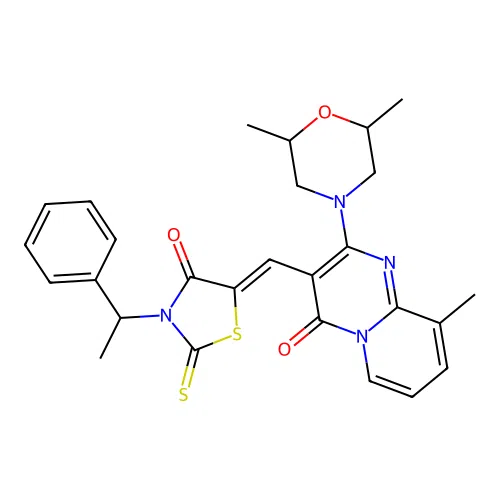 (Z)-5-((2-(2,6-dimethylmorpholino)-9-methyl-4-oxo-4H-pyrido[1,2-a]pyrimidin-3-yl)methylene)-3-(1-phenylethyl)-2-thioxothiazolidin-4-one structure