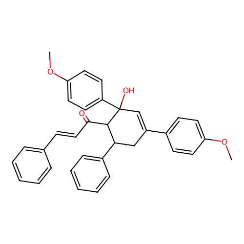 (E)-1-[2-hydroxy-2,4-bis(4-methoxyphenyl)-6-phenylcyclohex-3-en-1-yl]-3-phenylprop-2-en-1-one structure