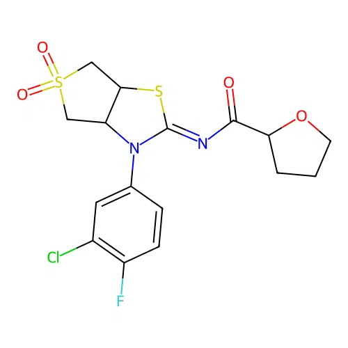 (Z)-N-(3-(3-chloro-4-fluorophenyl)-5,5-dioxidotetrahydrothieno[3,4-d]thiazol-2(3H)-ylidene)tetrahydrofuran-2-carboxamide structure